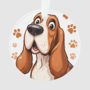 Cheerful Basset Dog with Orange Pawprints Ornament