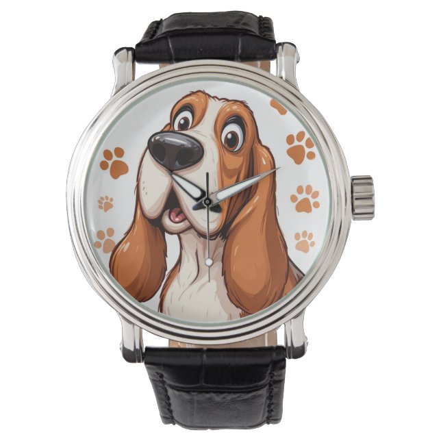 Cheerful Basset Dog with Orange Pawprints Watch (Front)