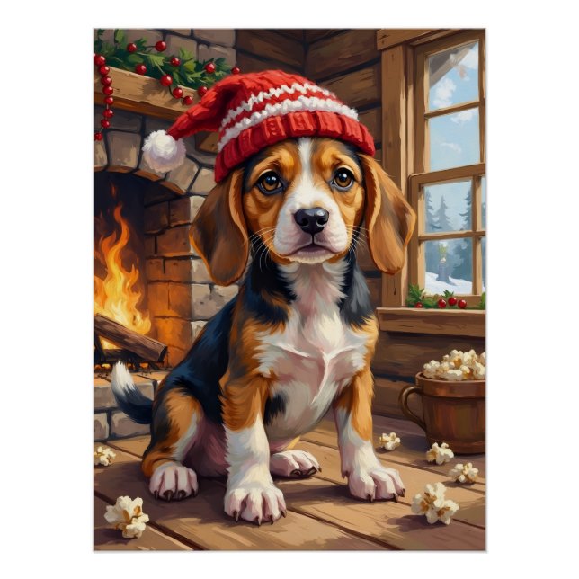 Cheerful Beagle Puppy in Stocking Cap Cosy Poster (Front)