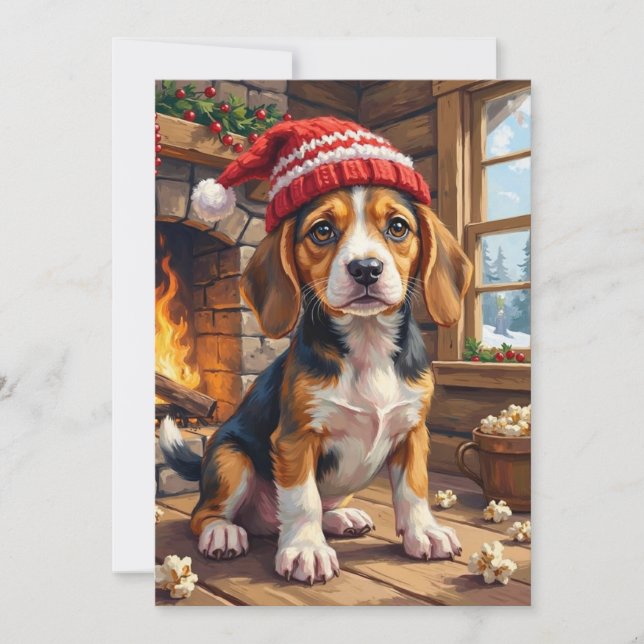 Cheerful Beagle Puppy in Stocking Cap Cozy Holiday Card (Front)
