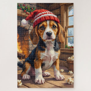 Cheerful Beagle Puppy in Stocking Cap Cozy Jigsaw Puzzle