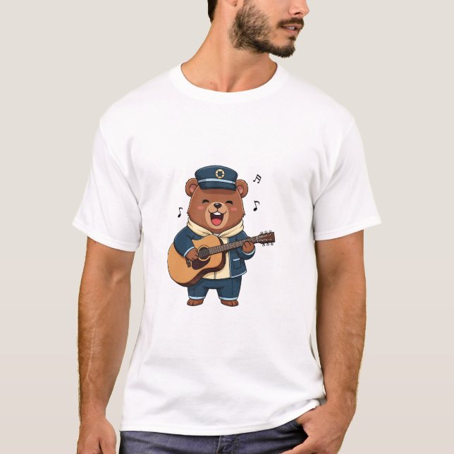 Cheerful Bear Captain Playing Acoustic Guitar T-Shirt (Front)