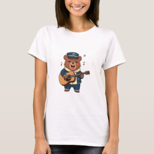 Cheerful Bear Captain Playing Acoustic Guitar T-Shirt