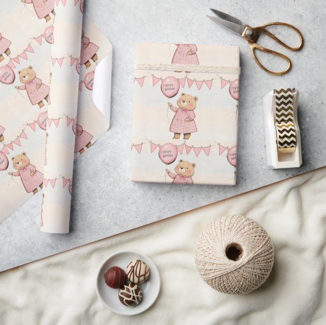 Cheerful Bear Holding Pink Balloon Wrapping Paper (Crafts)