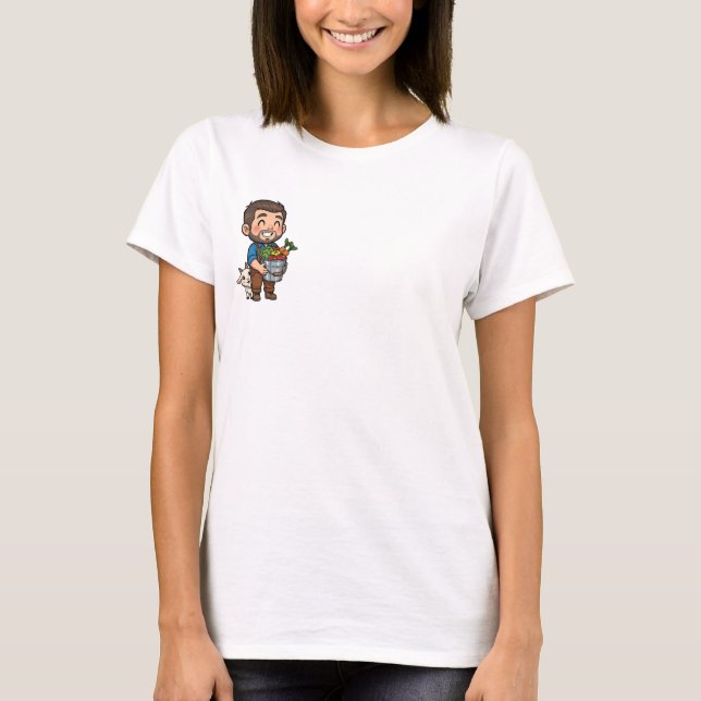 Cheerful Bearded Farmer with Harvest Bucket T-Shirt (Front)