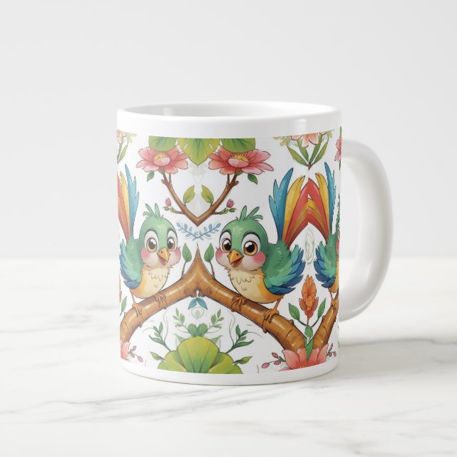 Cheerful Bird Among Blossoms Large Coffee Mug (Front Right)