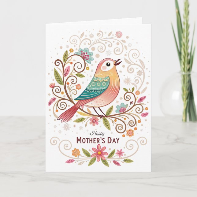 Cheerful Bird Mothers Day Folded Announcement Card (Front)