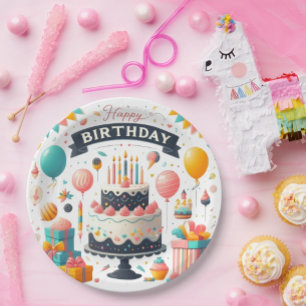 Cheerful Birthday Celebration Cake & Balloons Paper Plate