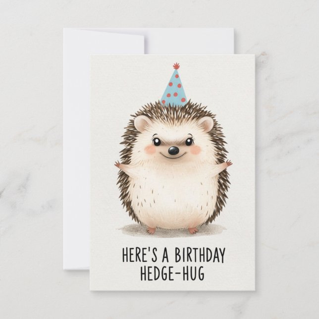 Cheerful Birthday Hedgehog Hug with Party Hat Card (Front)