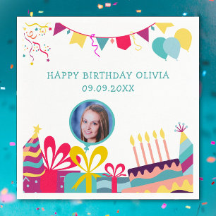 Cheerful Birthday Party Custom Photo Text Napkin