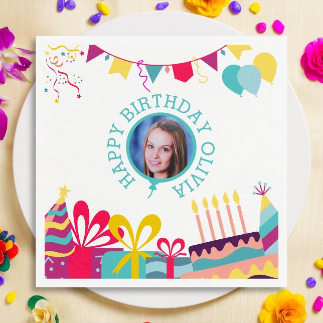 Cheerful Birthday Party Custom Photo Text Napkin (Creator Uploaded)