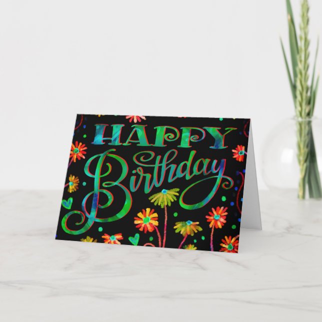 Cheerful Black Floral Happy Trendy Birthday Card (Front)