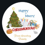 Cheerful Blended Holiday Chrismukkah Tree, Menorah Classic Round Sticker<br><div class="desc">This festive and joyful graphic celebrates the unique spirit of the interfaith holiday season. The design beautifully merges two beloved traditions, featuring a bright green Christmas tree adorned with lights and topped with a Star of David, alongside a luminous Hanukkah menorah. The cheerful arrangement is completed with holiday favourites like...</div>