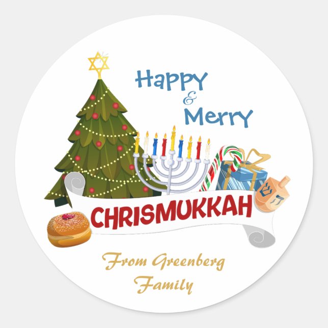 Cheerful Blended Holiday Chrismukkah Tree, Menorah Classic Round Sticker (Front)