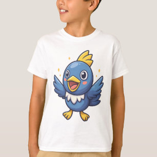 Cheerful Blue Bird Cartoon in Pokémon-Inspired T-Shirt