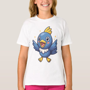 Cheerful Blue Bird Cartoon in Pokémon-Inspired T-Shirt