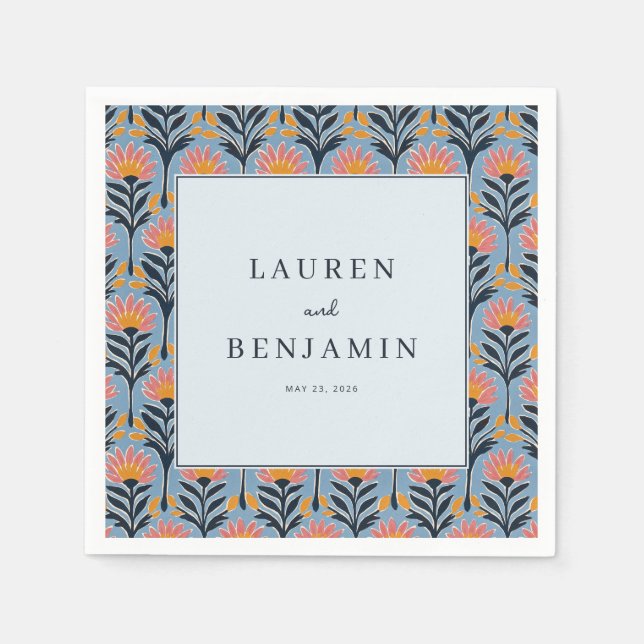 Cheerful Blue Floral Border Napkin (Front)