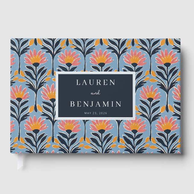 Cheerful Blue Floral Stylized Botanicals Guest Book (Front)