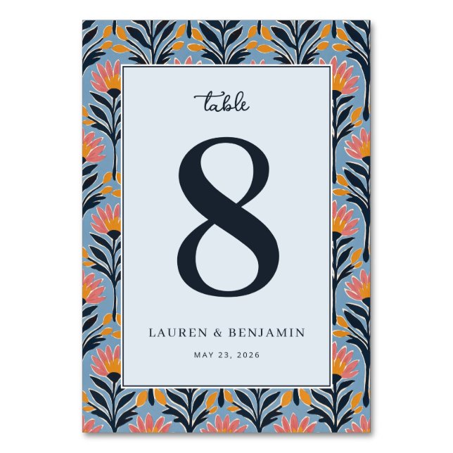 Cheerful Blue Floral Table Number (Front)