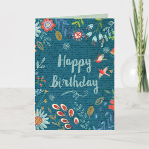 Cheerful Blue Happy Birthday Country Flowers Card