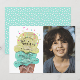 Cheerful blue Ice Cream Birthday Party Photo Invitation