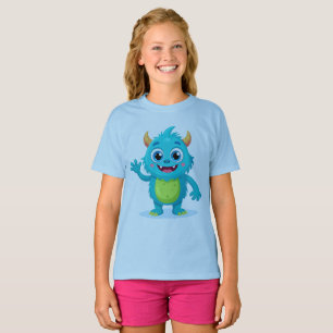 Cheerful Blue Monster Girls' Summer Tee - Vibrant