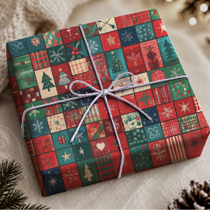 Cheerful Blue Red Patchwork Christmas Gift Wrap