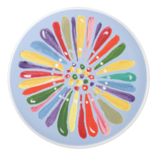 Cheerful Blue Watercolor Daisy Multicolor Flower Ceramic Knob