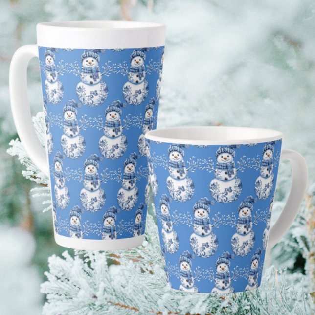Cheerful Blue White Happy Snowman  Latte Mug (Warm up with a gingerbread latte!)