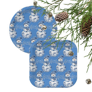 Cheerful Blue White Happy Snowman Paper Plate