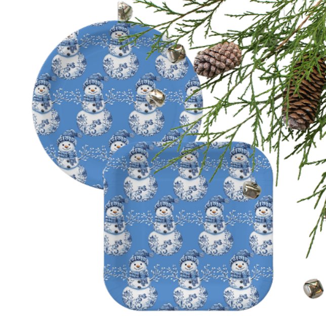 Cheerful Blue White Happy Snowman  Paper Plate (Jolly snowman paper party plates!)