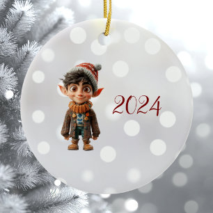 Cheerful Boy Christmas Elf Ceramic Ornament