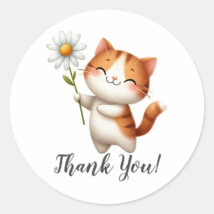 Cheerful Brown Cat Holding Flower Thank You Classic Round Sticker