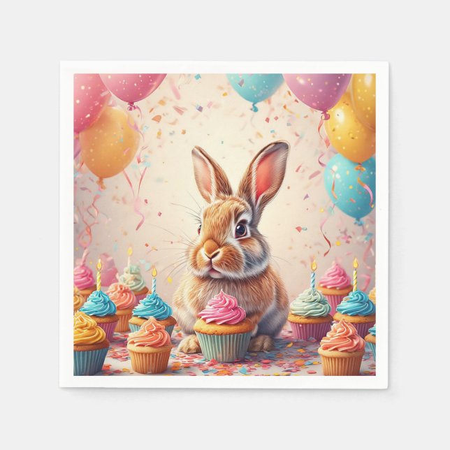 🐰 Cheerful Bunny Birthday Cupcake Joy 🎉 Napkin (Front)