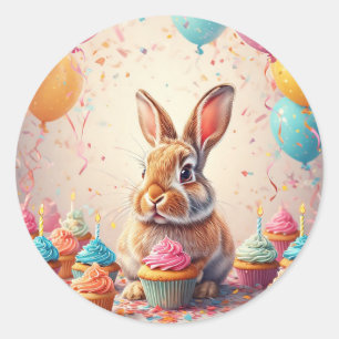 Cheerful Bunny Celebrating with Cupcakes Classic Round Sticker