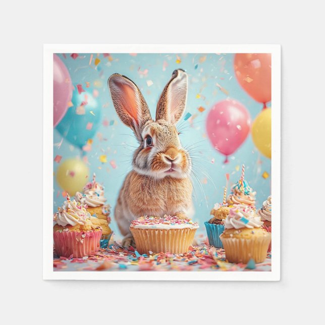 Cheerful Bunny Celebrating with Cupcakes Napkin (Front)