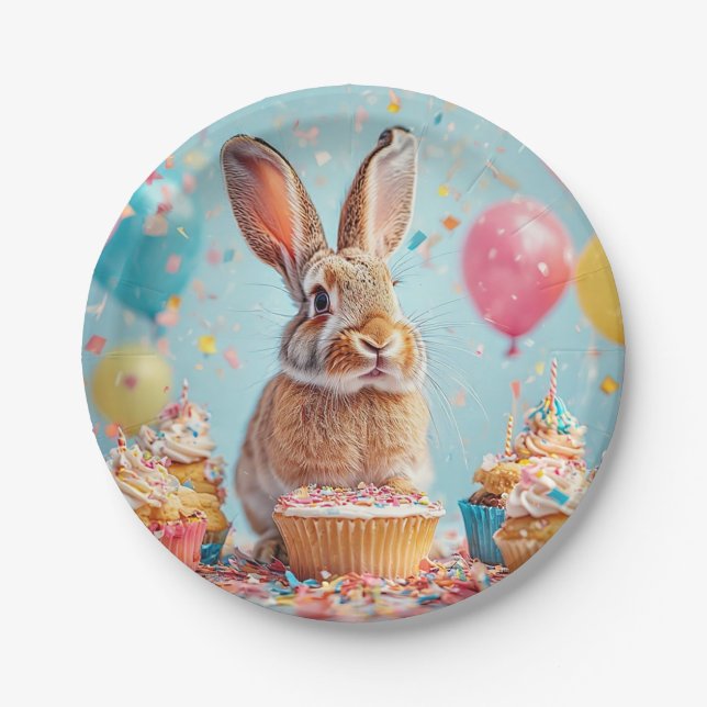 Cheerful Bunny Celebrating with Cupcakes Paper Plate (Front)