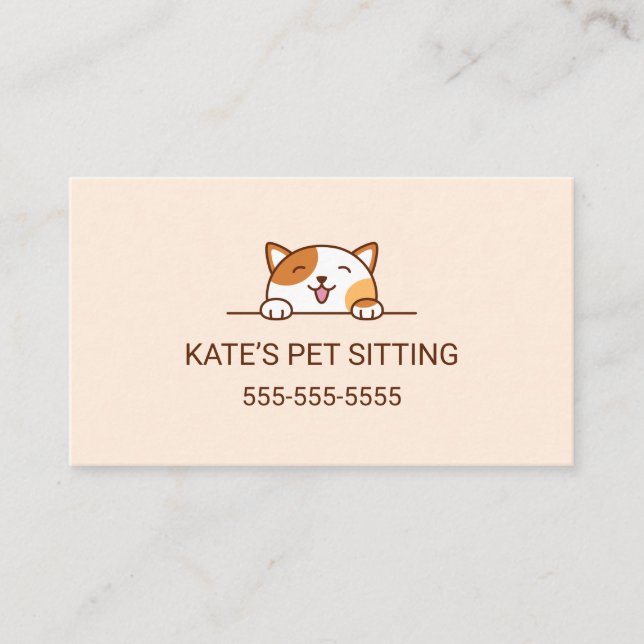 Cheerful Calico Cat Peeking Pet Sitting Service Business Card (Front)