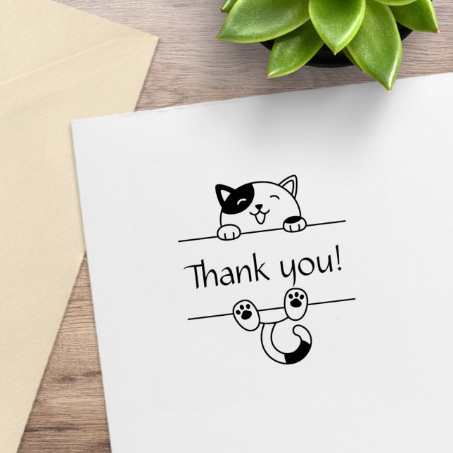 Cheerful Calico Cat Peeking Thank You Rubber Stamp (Creator Uploaded)