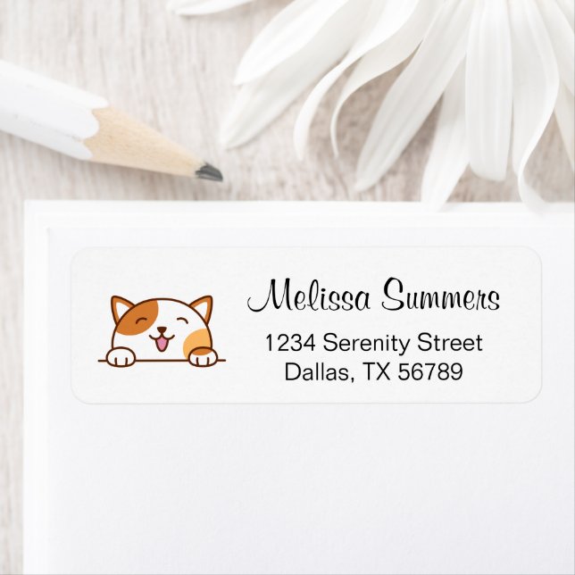 Cheerful Calico Cat Pet Return Address (Insitu)