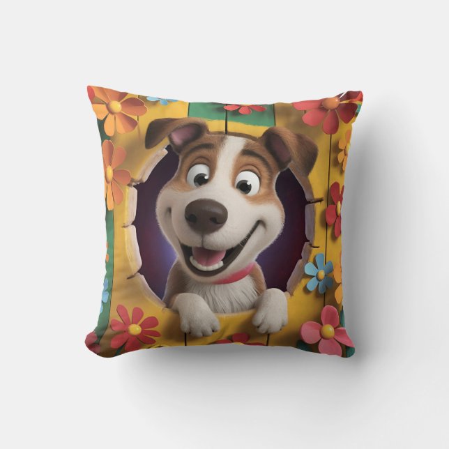 Cheerful Canine Companion Amid Vibrant Floral  Cushion (Front)