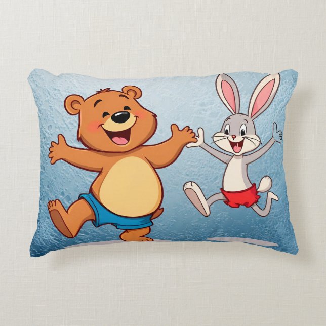 Cheerful Cartoon Bear and Bunny Dancing Joyfully Decorative Cushion (Front)