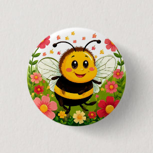 Cheerful Cartoon Bee Surrounded by Bright Flowers 3 Cm Round Badge