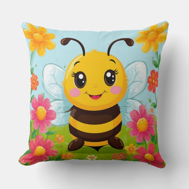 Cheerful Cartoon Bee Surrounded by Bright Flowers Cushion (Front)