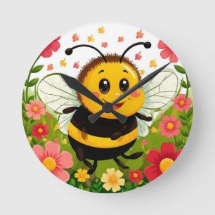 Cheerful Cartoon Bee Surrounded by Bright Flowers Round Clock