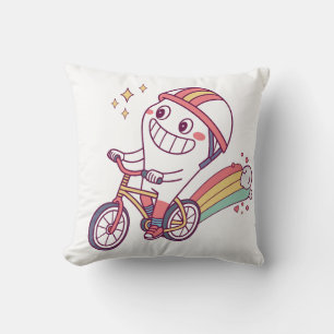 Cheerful Cartoon Character on Bicycle with Rainbow Cushion