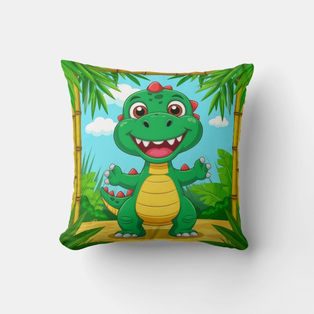 Cheerful Cartoon Dinosaur in Bamboo Frame Cushion (Front)