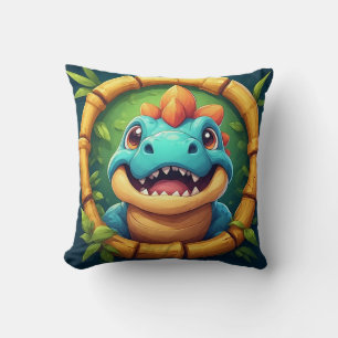Cheerful Cartoon Dinosaur in Bamboo Frame Cushion