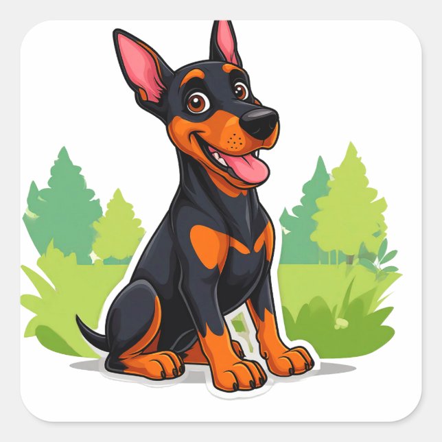 Cheerful Cartoon Doberman Sitting Outdoors Square Sticker (Front)