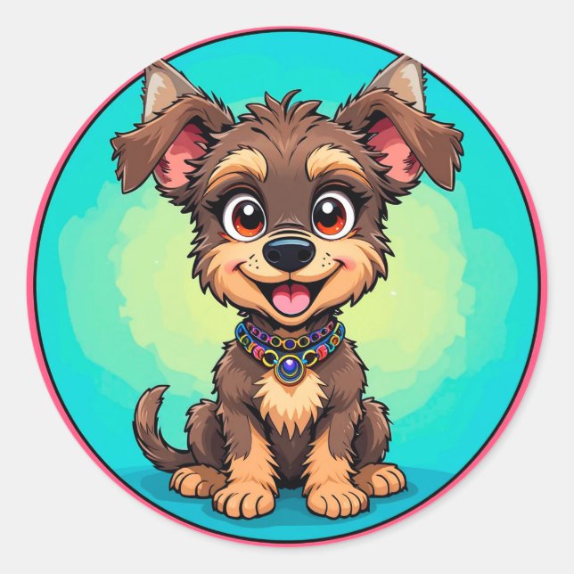 Cheerful Cartoon Dog Classic Round Sticker (Front)
